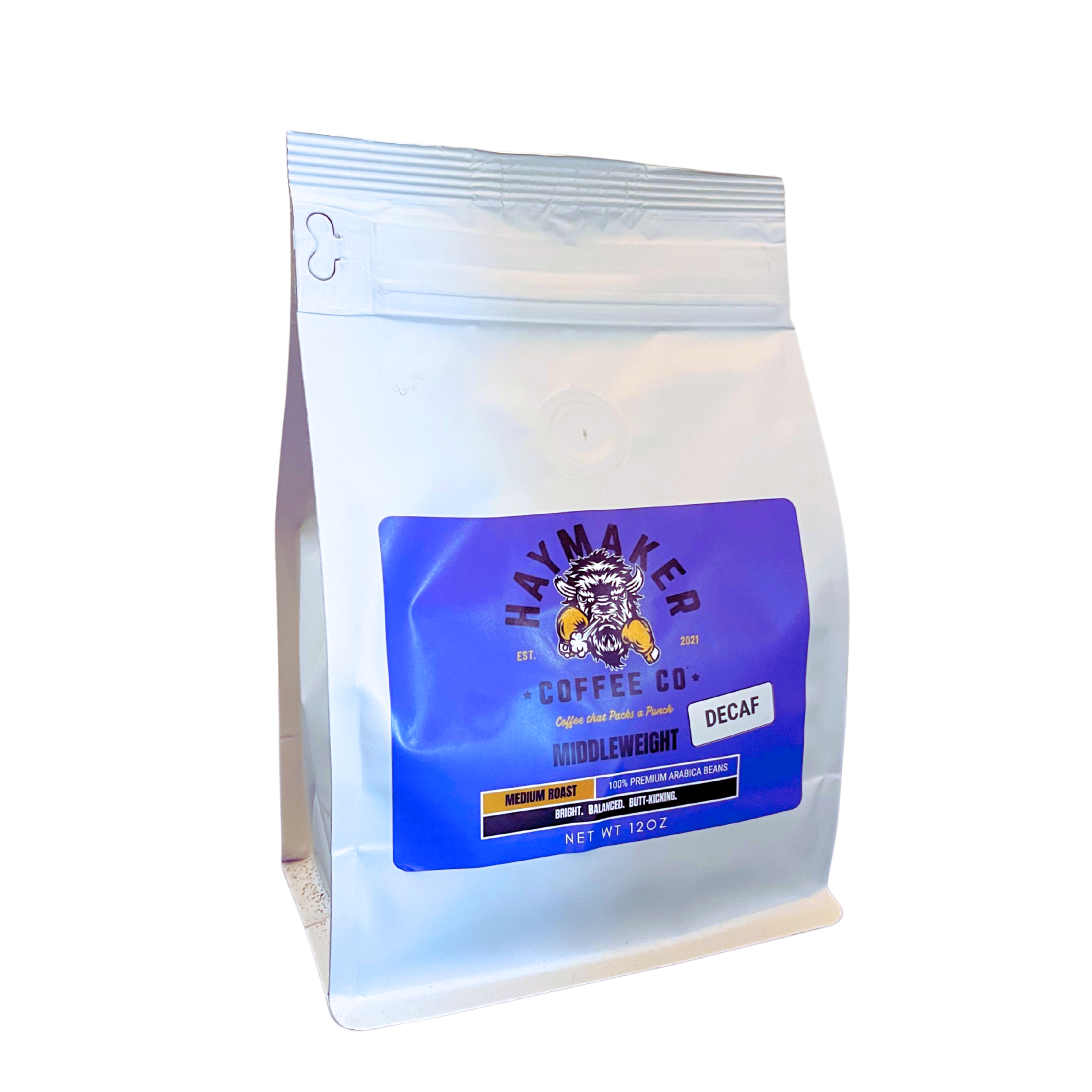 DECAF MIDDLEWEIGHT 12oz. decaf coffee ground whole bean